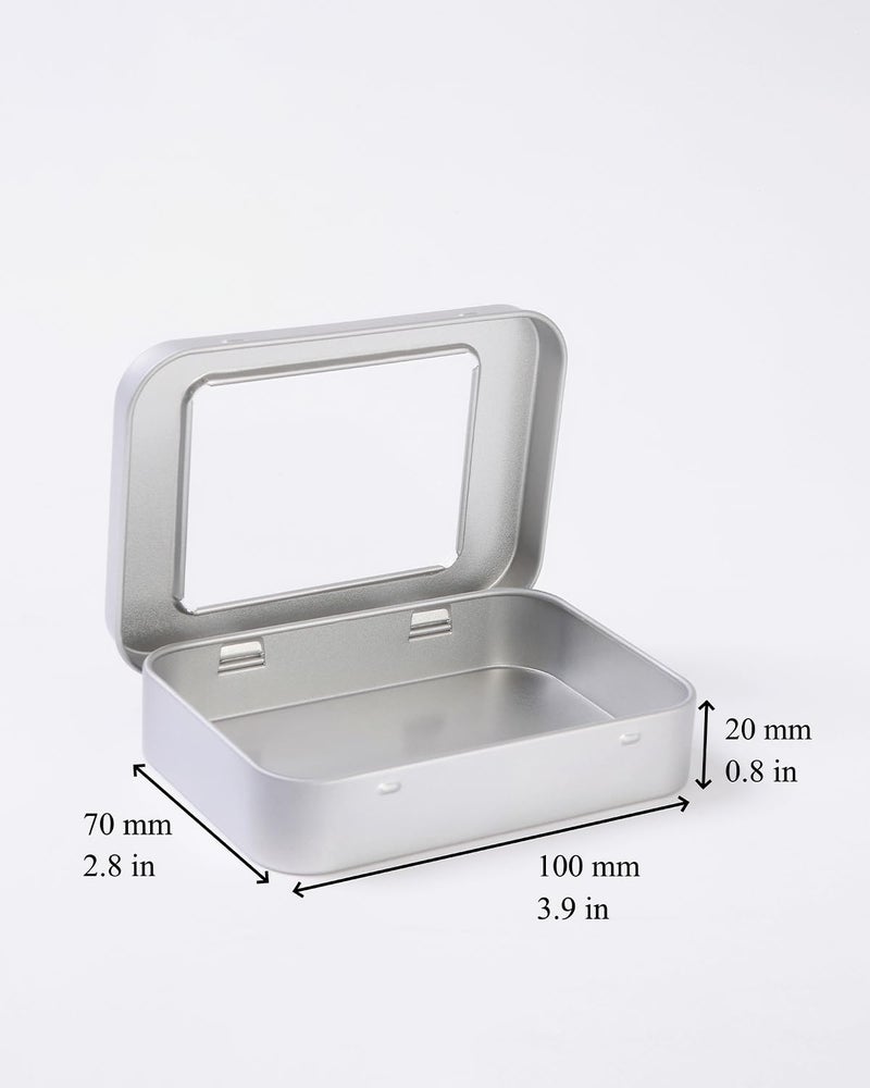 LJY 12 Pack Empty Rectangular Metal Storage Organizer Tins with Clear Window Hinged Lids for Candies, Gifts & Treasures (Silver) - Image 2